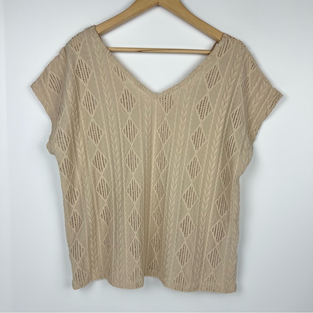 Shein Beige Short Sleeve Embroidered Back Trim Blouse Shirt Size XL